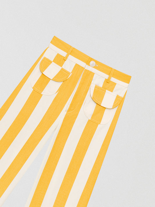 Yellow high-waisted trousers printed in cotton with yellow and ecru stripes.