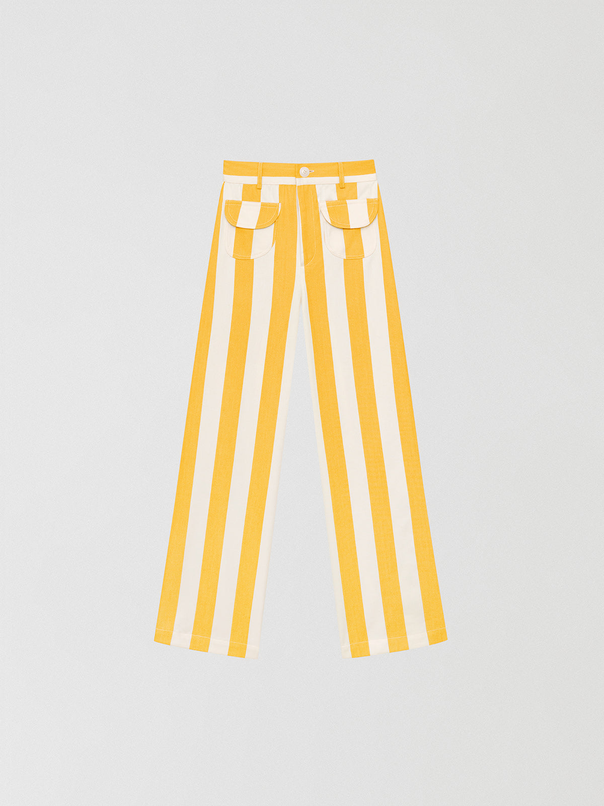 Yellow high-waisted trousers printed in cotton with yellow and ecru stripes.
