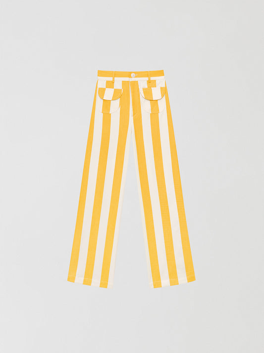 Yellow high-waisted trousers printed in cotton with yellow and ecru stripes.