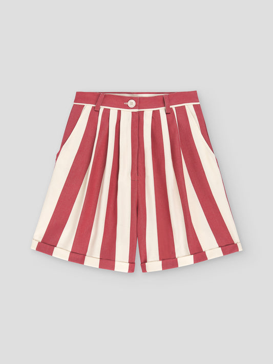 Cotton shorts with red and ecru striped print. 