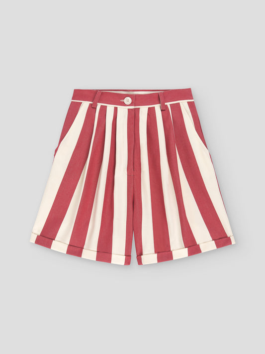 Cotton shorts with red and ecru striped print.