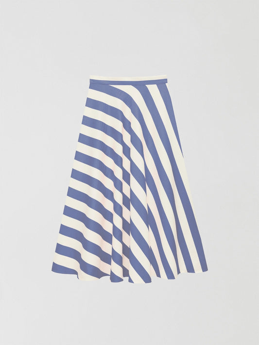 Flared midi skirt made of cotton with blue and ecru striped print