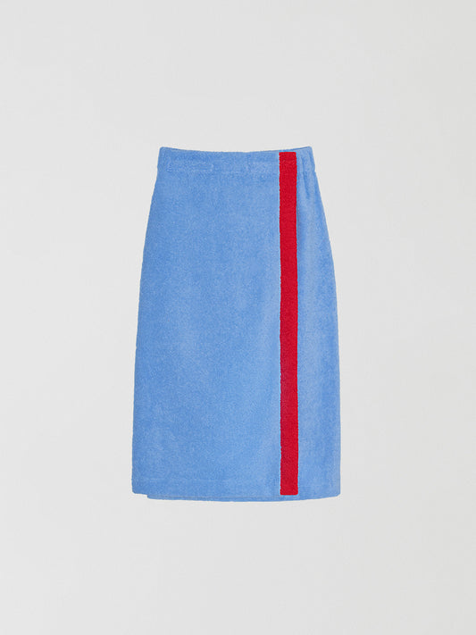 Pareo towel skirt made in blue cotton with red band.
