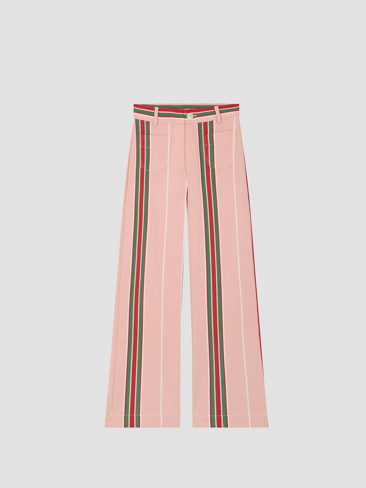 Pink high-waisted printed trousers in cotton with red and green stripes.