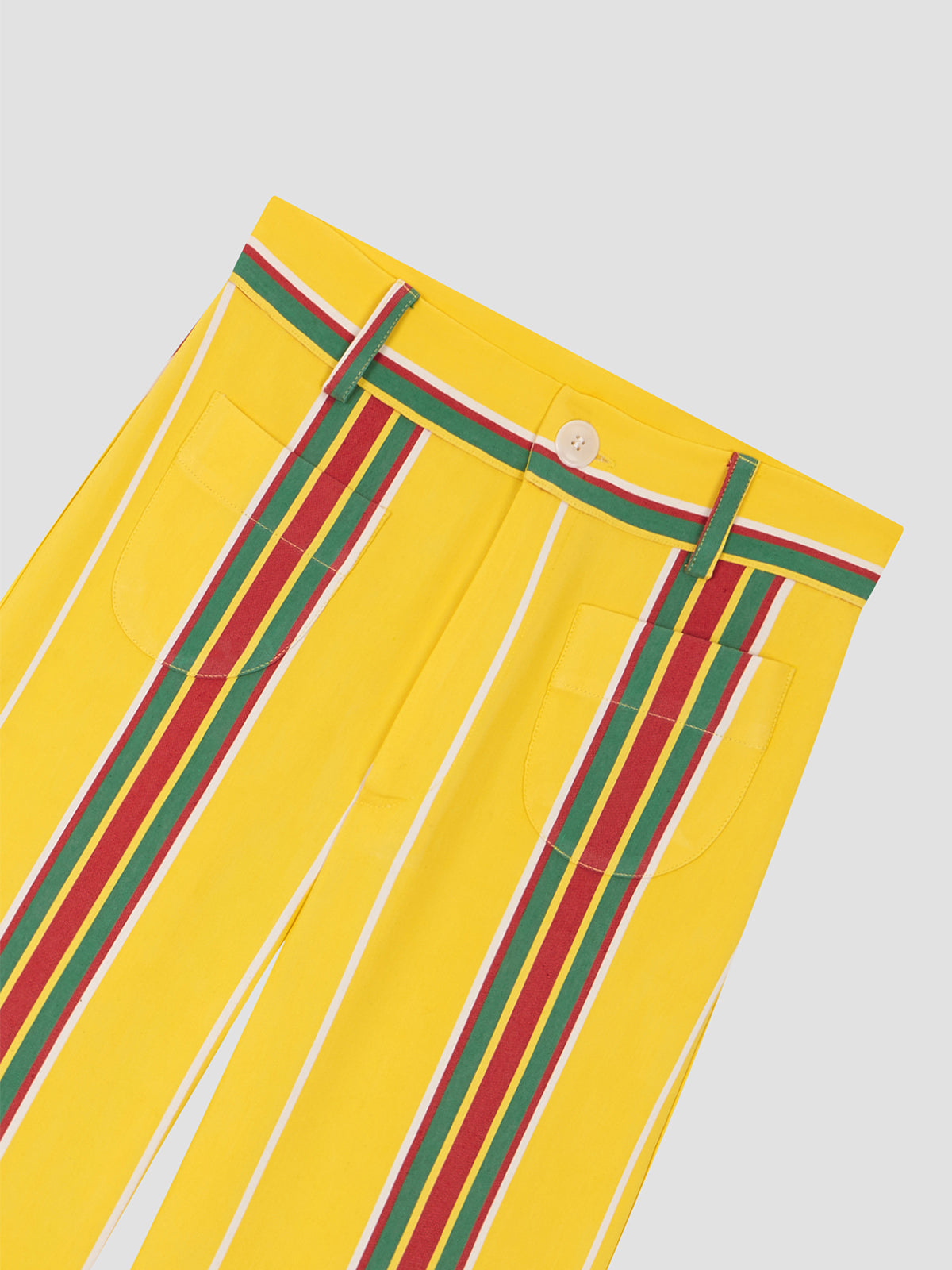 Yellow high-waisted printed trousers in cotton with red and green stripes.