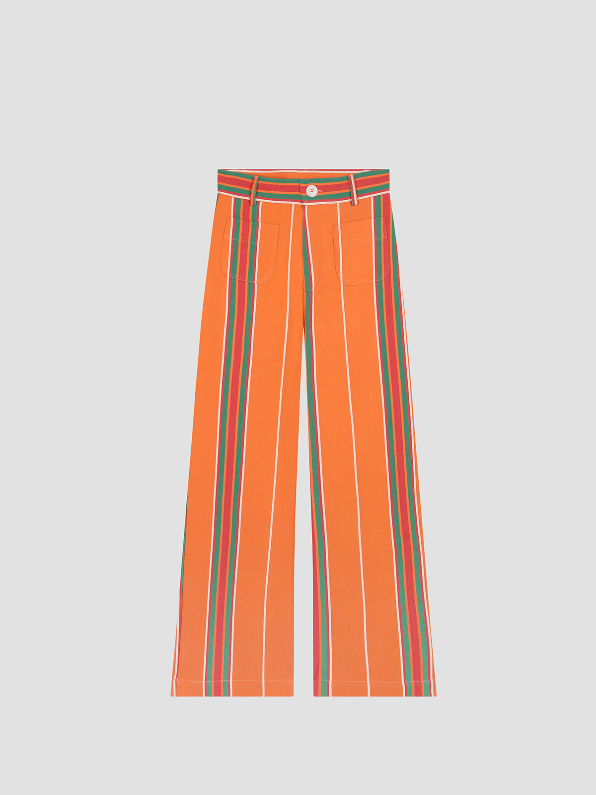 Orange high-waisted printed trousers in cotton with red and green stripes.