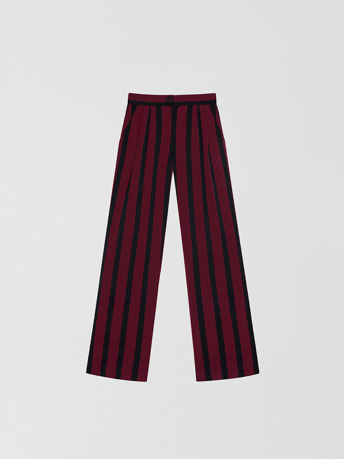 Burgundy and black striped suit trousers.