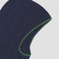 Navy blue cotton hood with green piping details at the edge and button closure