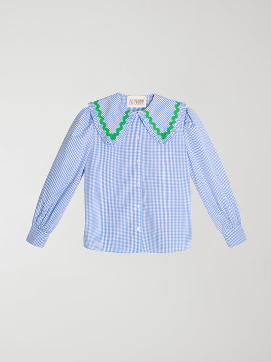 Blue and white vichy check shirt made of cotton with green trim detail on the collar