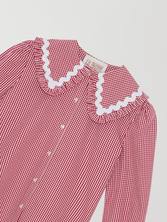 Red and white vichy check shirt made of cotton with white trim detail on the collar