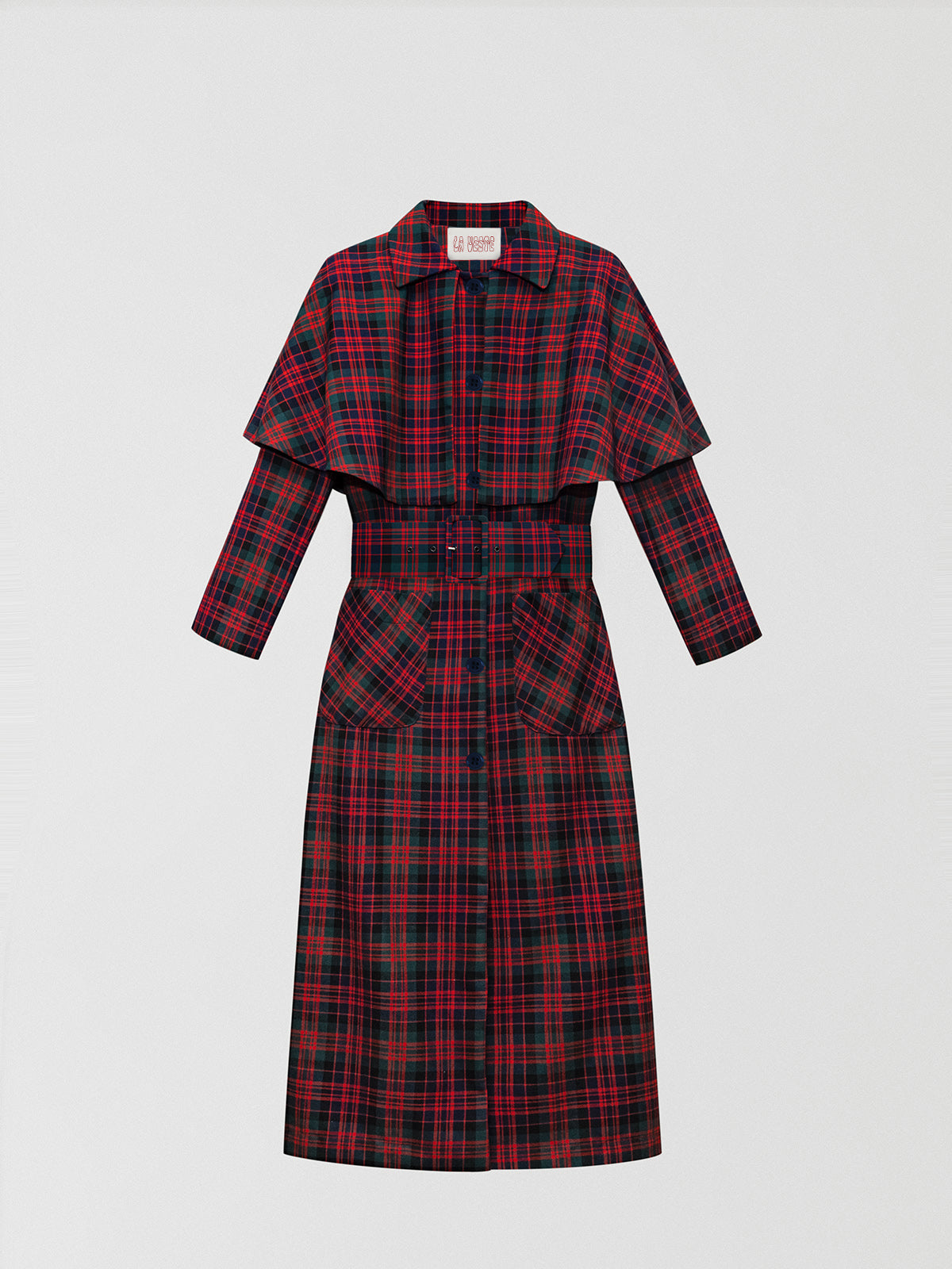 Wool gabardine with check pattern in red, navy and green tones and belt lined in the same fabric