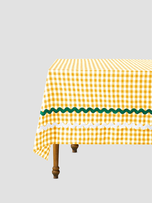 Rectangular tablecloth made of yellow and white vichy check cotton with white and white and green trim