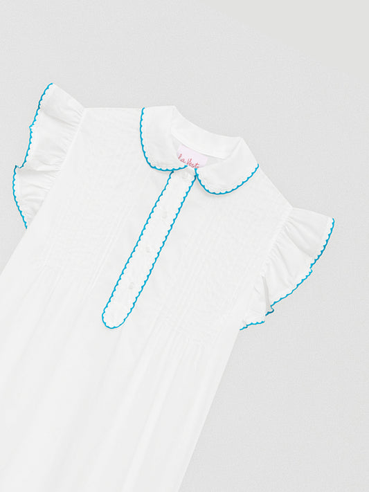 White midi nightgown with baby neckline, armhole sleeves and matching blue bias binding details