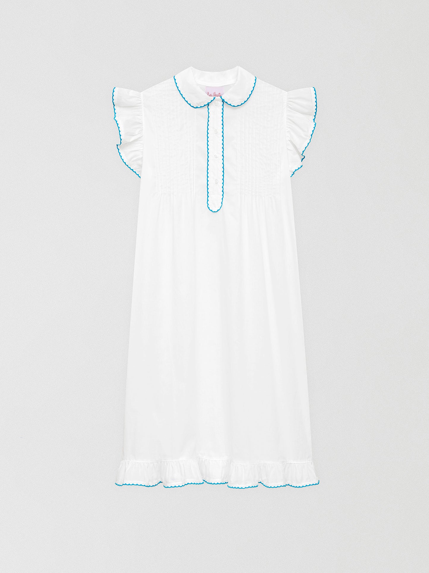 Wendy Nightgown White 01 is a white cotton midi style nightgown with matching blue bias binding details.