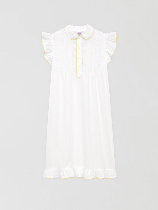 Wendy Nightgown White 02 is a white midi style shirt with matching yellow bias binding details.
