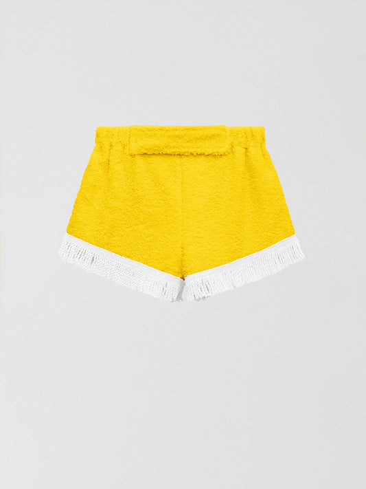 Towel shorts made in yellow cotton with white fringes.