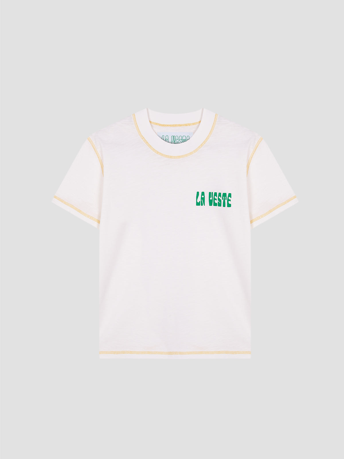 Color: White/Yellow.  White cotton T-shirt with LA VESTE logo in green.  Regular fit. Normal length. Round neck. Short sleeves. Collar and sleeve cuffs in yellow contrast. Anagram on the chest in green.