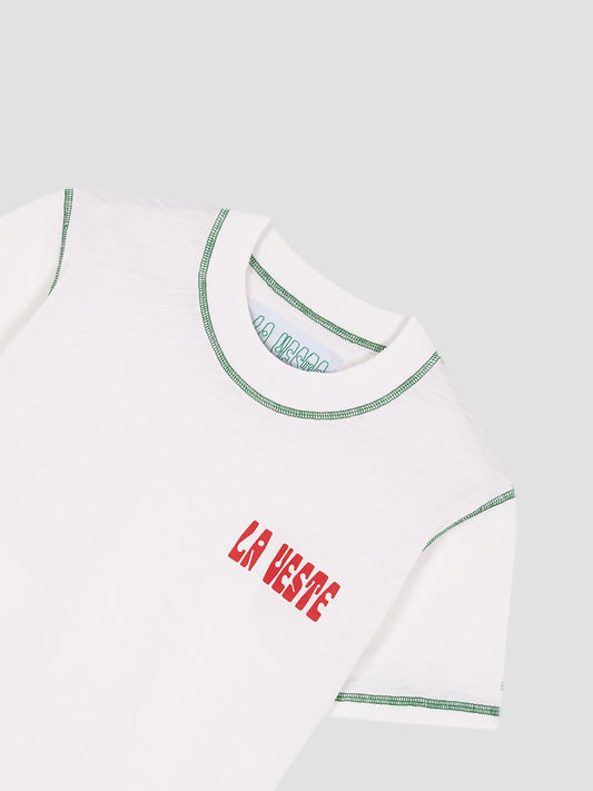 Color: White/Green.  White cotton T-shirt with LA VESTE logo in red.  Regular fit. Normal length. Round neck. Short sleeves. Collar and sleeve cuffs in green contrast. Anagram on the chest in red.