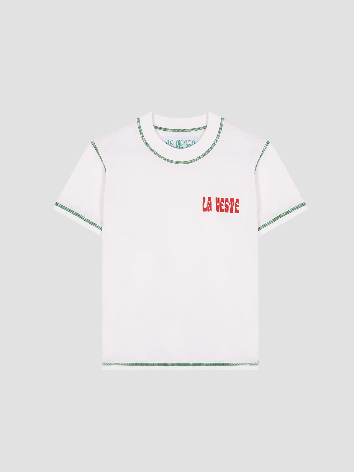 Color: White/Green. White cotton T-shirt with LA VESTE logo in red. Regular fit. Normal length. Round neck. Short sleeves. Collar and sleeve cuffs in green contrast. Anagram on the chest in red.