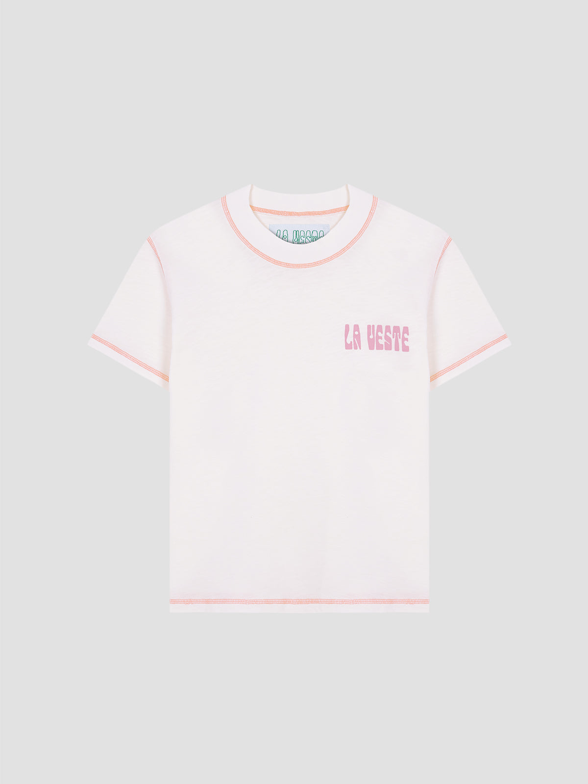 Color: White/Coral. White cotton T-shirt with LA VESTE logo in fuchsia. Regular fit. Normal length. Round neck. Short sleeves. Collar and sleeve cuffs in coral contrast. Anagram on the chest in fuchsia.