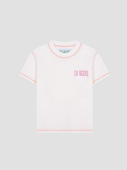Color: White/Coral.  White cotton T-shirt with LA VESTE logo in fuchsia.  Regular fit. Normal length. Round neck. Short sleeves. Collar and sleeve cuffs in coral contrast. Anagram on the chest in fuchsia.