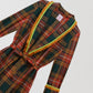 House robe with brown, red, green and yellow checkered pattern. 