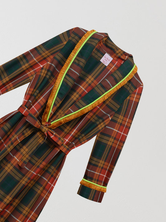 House robe with brown, red, green and yellow checkered pattern. 