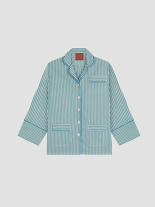 Two-piece pyjama made in cotton with blue striped print.