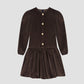 Colour: Chocolate Brown.   Mini dress made of chocolate brown velvet with golden buttons.   Regular fit. Mini length.  Box collar.  Flared skirt. Long sleeves. Gold-colored front buttons. 