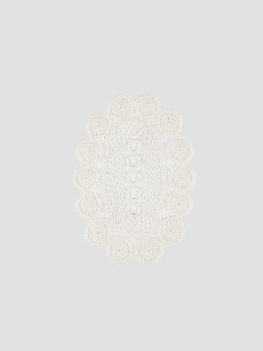 Handmade crochet doily in white color.  Measurements: width: 13cm length: 18.5cm