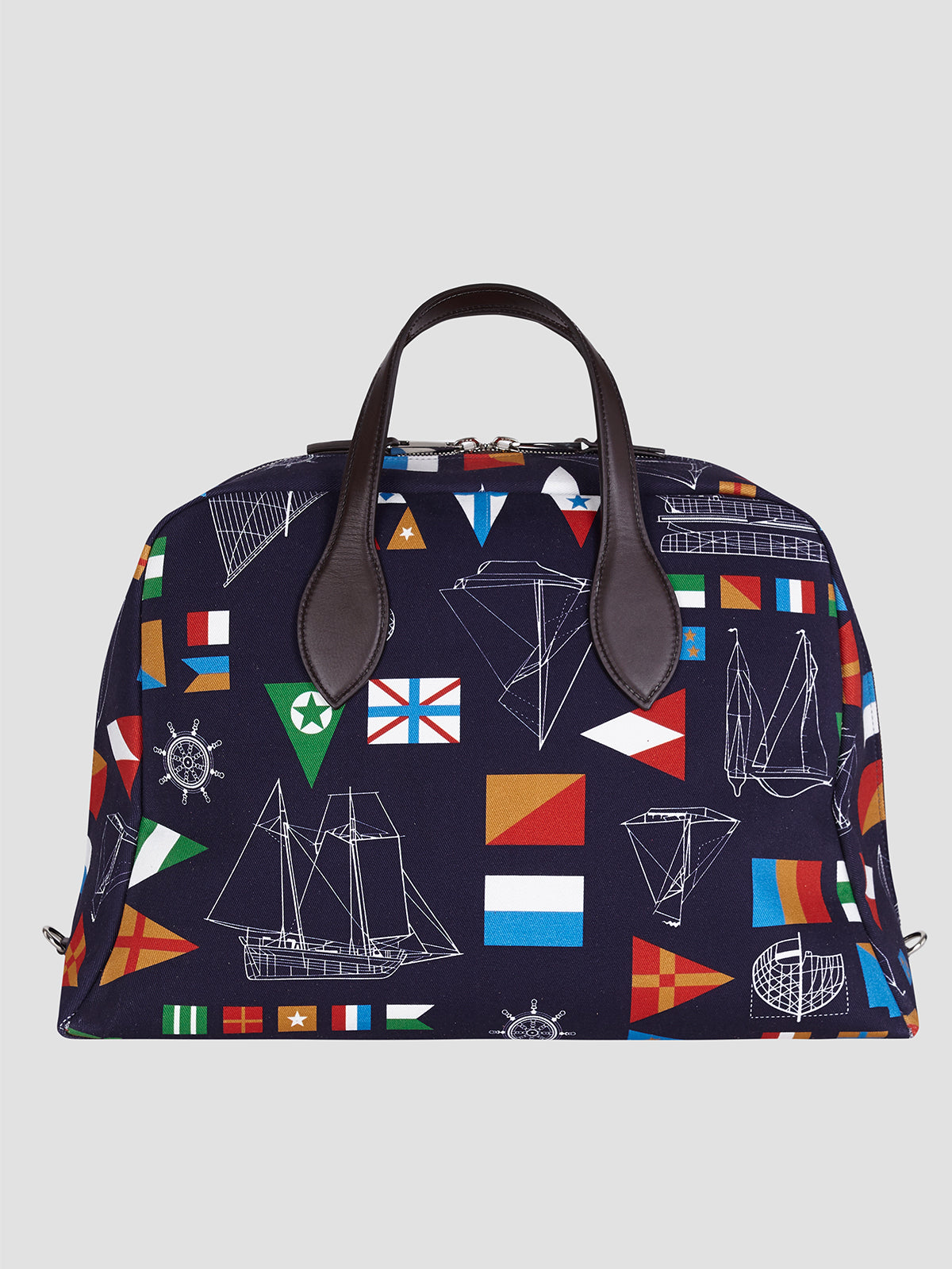 Navy blue bag with colorful nautical pattern on a navy background