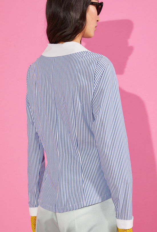 Back of our blue striped long sleeve shirt