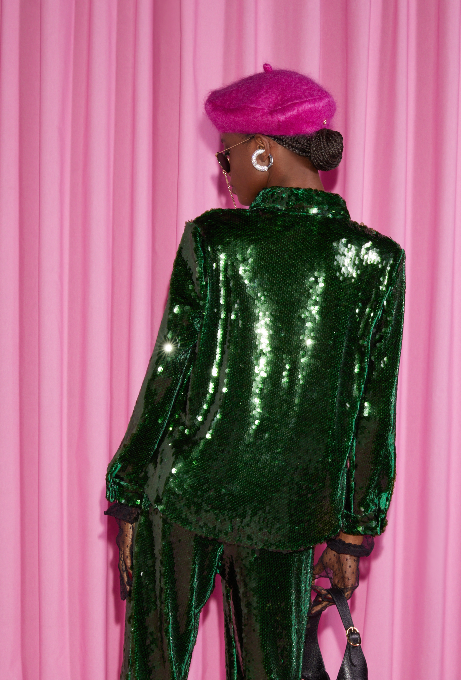 Back view of our alligator green sequin set