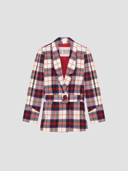Red, ecru and purple checked jacket with puffed sleeves and lines belt