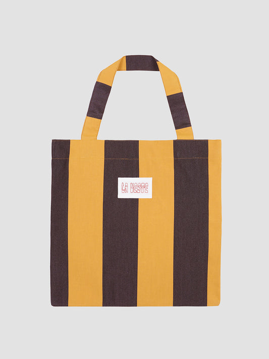 Back To School Tote Bag 01 is a mustard and brown striped tote bag with the La Veste logo at the top center.