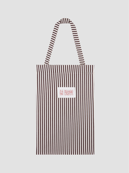 Back To School Tote Bag 02 is a white and chocolate brown striped tote bag with matching La Veste logo.