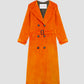 Orange velvet trench coat with lined belt