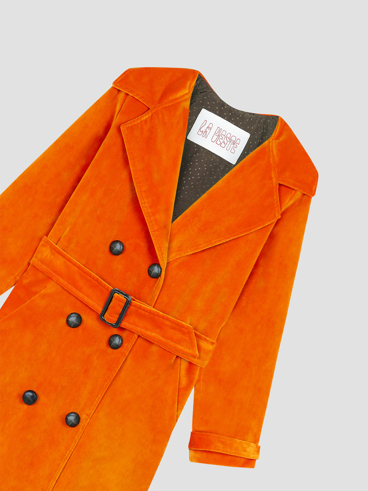 Orange velvet trench coat with lined belt