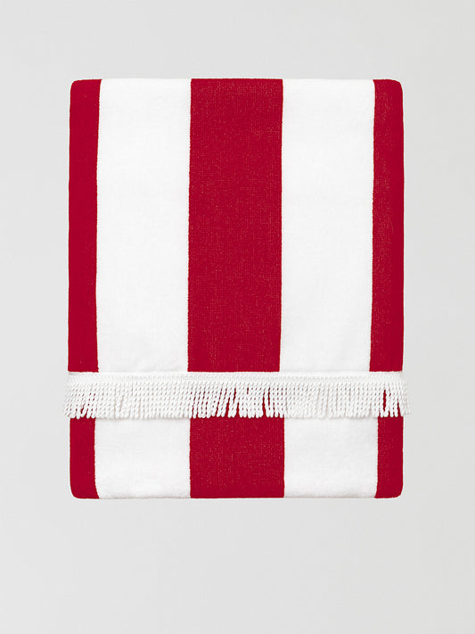 Red and white striped towel made of cotton