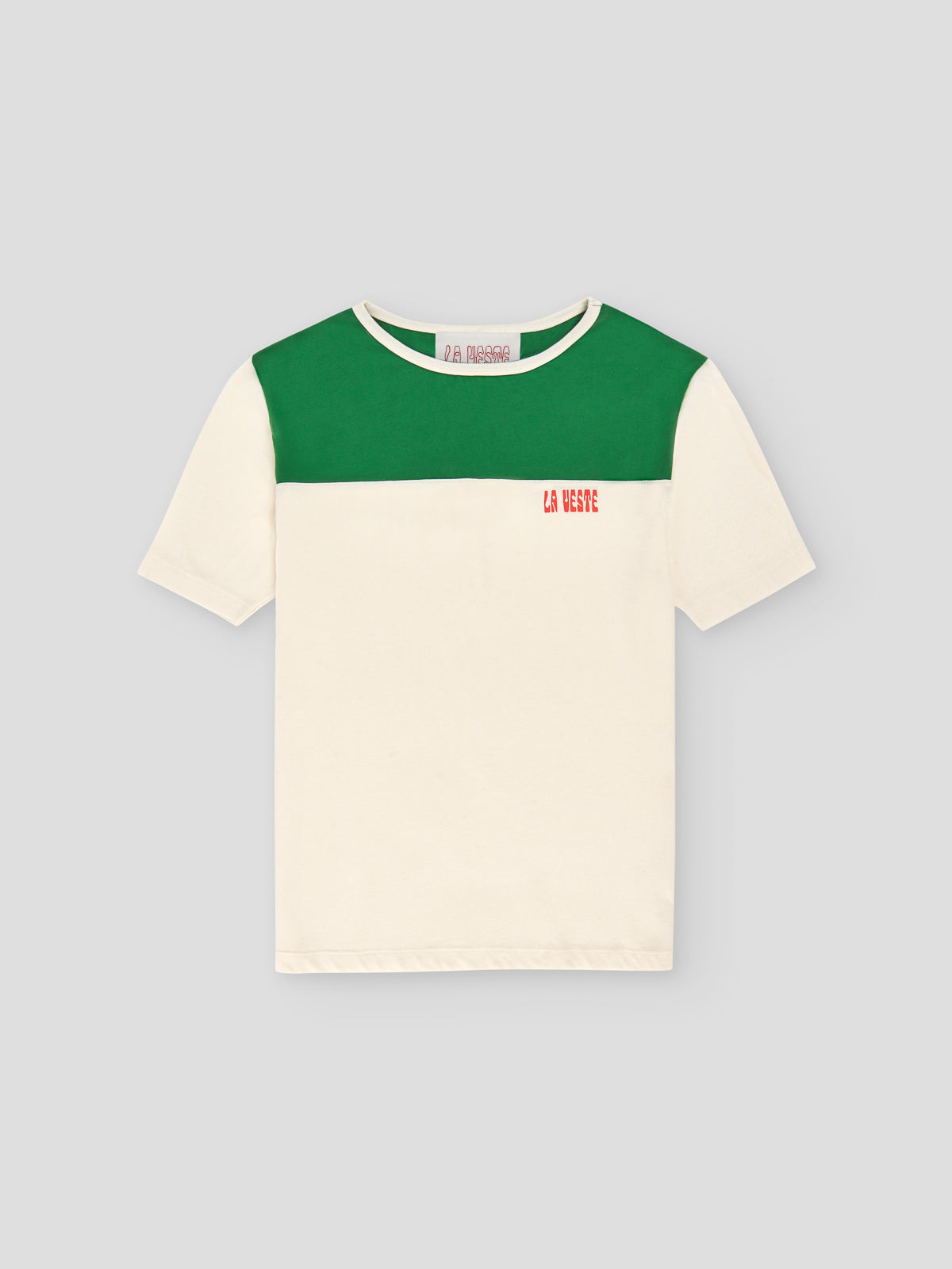 White cotton T-shirt with LA VESTE logo and green top