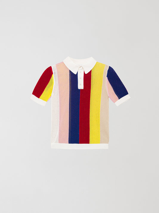 Cotton polo shirt in red, yellow, navy, baby pink and ecru stripes