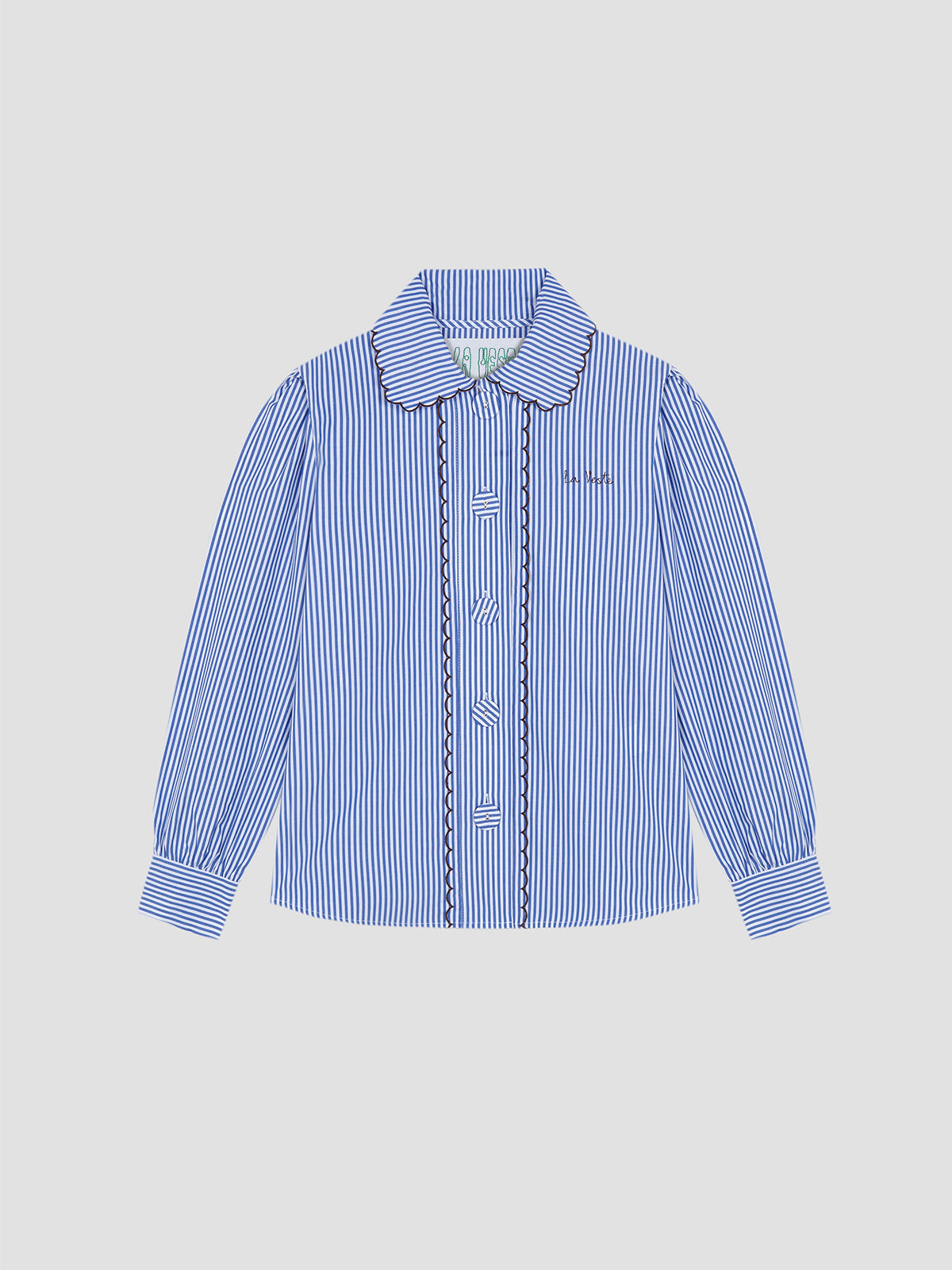 Blackboard Shirt Striped Blue is a long sleeve blue striped shirt with browan thread lace details and baby collar.