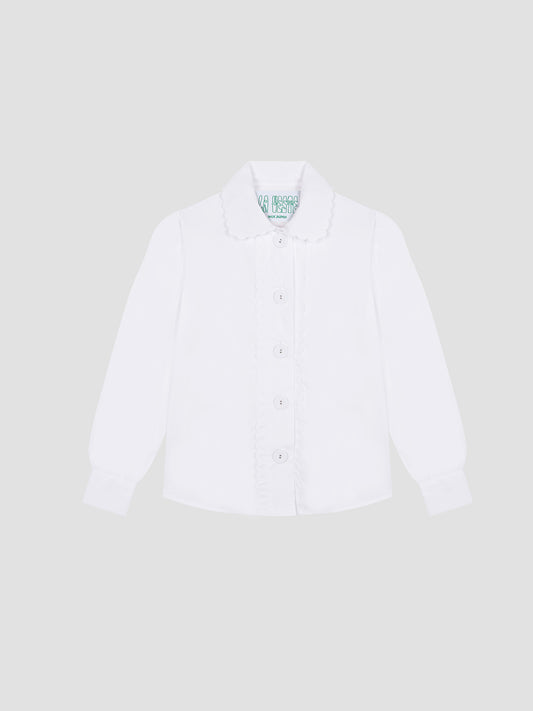 Shirt made of white cotton with lace details on the front, collar and cuffs