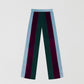 Velvet trousers with light blue, green and aubergine stripes. 