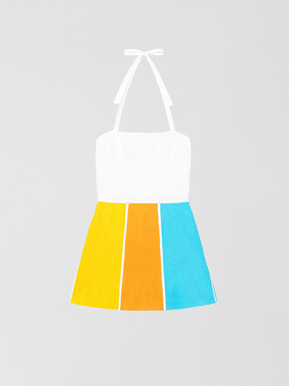 Colour: Multicolour.   Short towel dress made in white, yellow, orange and turquoise cotton.   Regular fit. Short length. Flared skirt with orange, yellow and turquoise stripe. Square neckline with knotted bow at the neck.