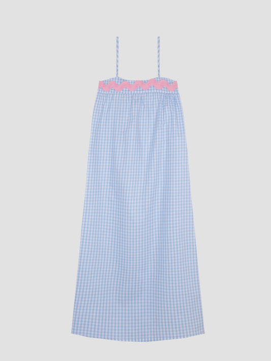 Candy Nightdress Celeste is a square cut nightdress with blue check print and pink trim detail at the neckline.