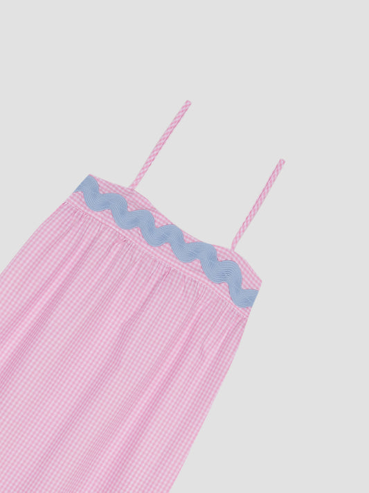 Loose midi nightgown with pink plaid and matching blue trim on the front