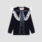 Navy blue velvet and lace shirt with black bow on the collar