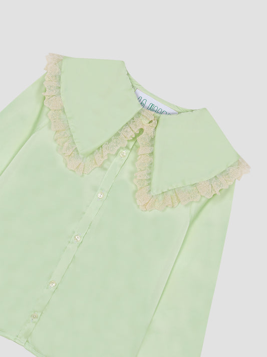 Green long sleeve shirt with XL collar and ecru lace details on edges