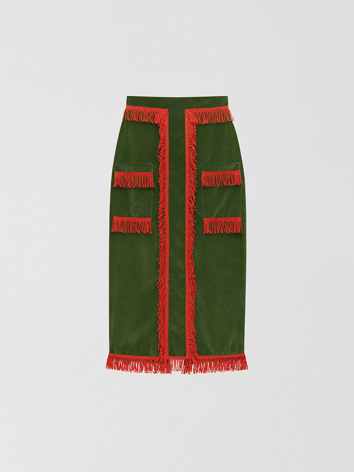 Green velvet pencil skirt with orange fringed design on the front, bottom and top. 